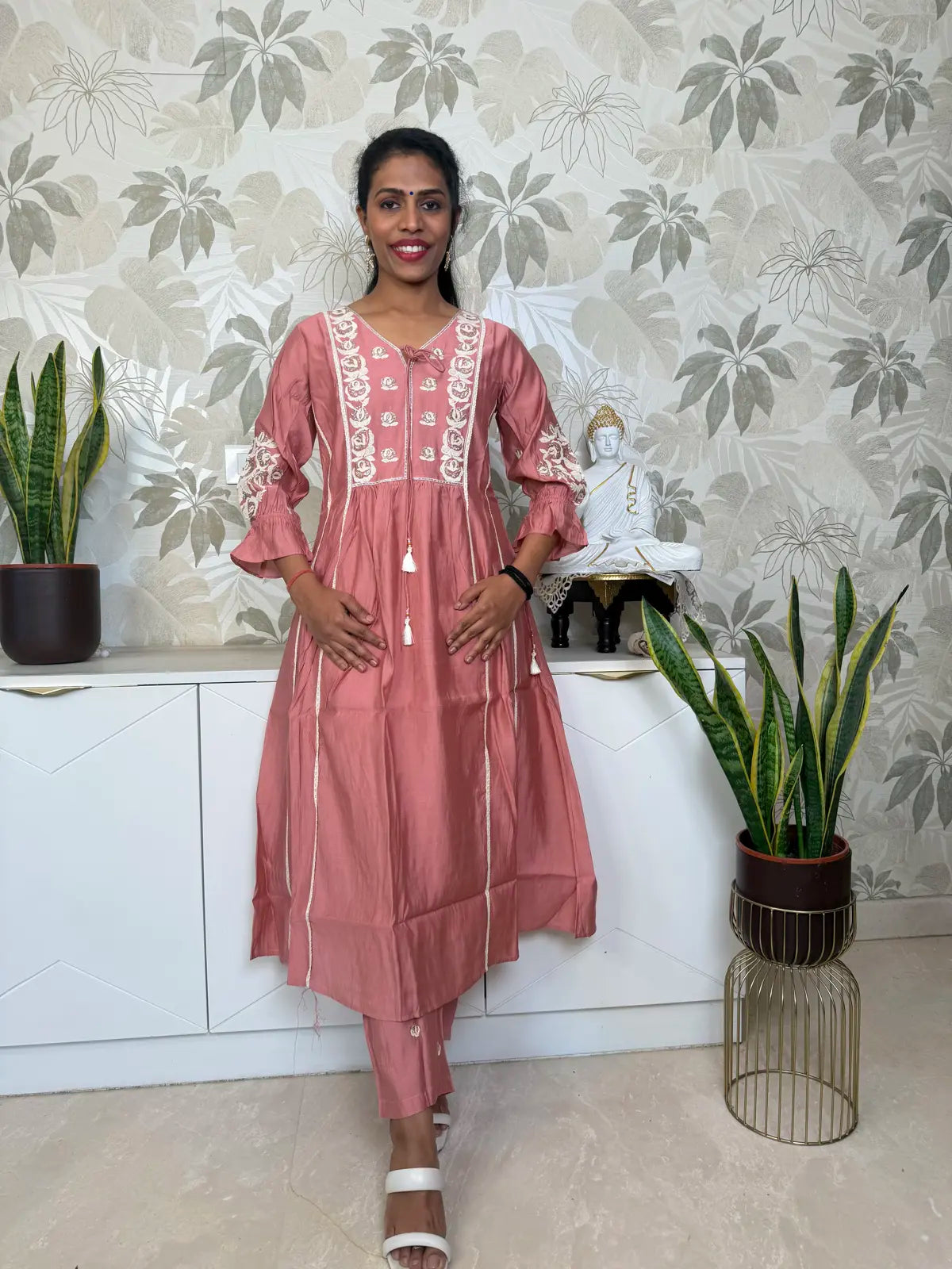Peach Pink A-Line Salwar Set with Neck Embroidery