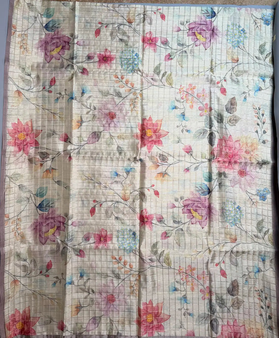 Pastel Floral Digital Print Saree with Zari Checks