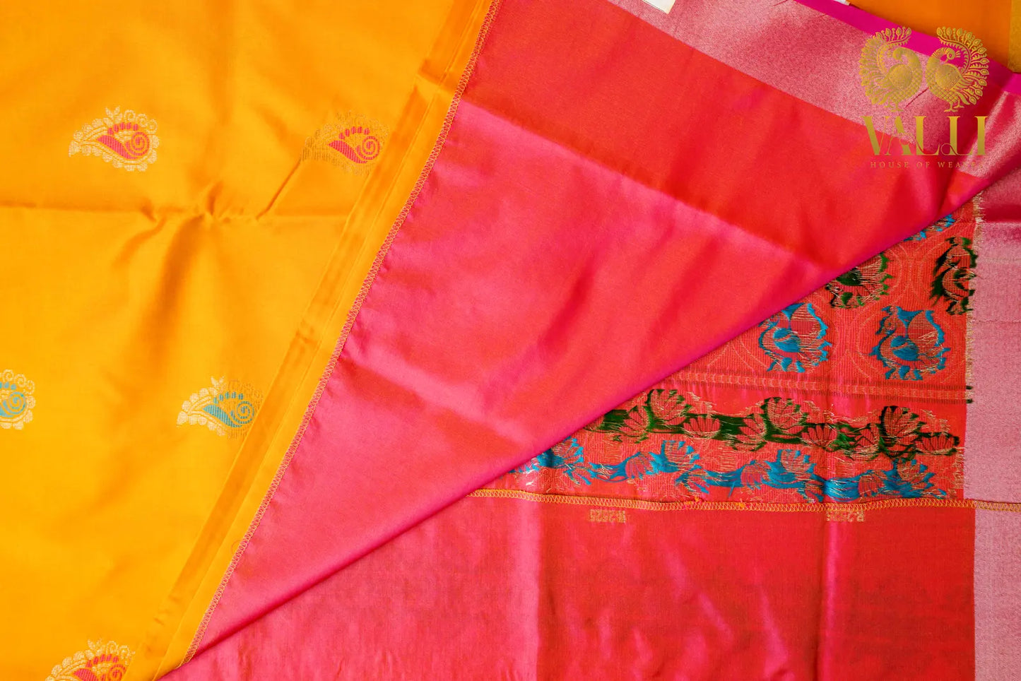 Motif Soft Silk Saree – Mustard Yellow with Contrast Pallu & Pink Blouse