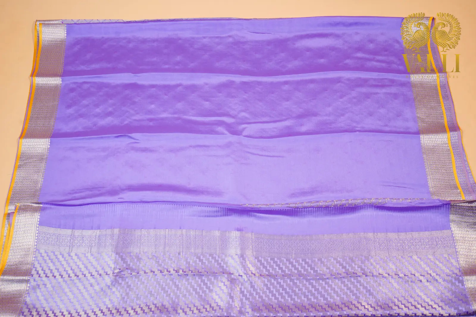 Lavender Banarasi Crepe Silk Saree with Yellow Selvage