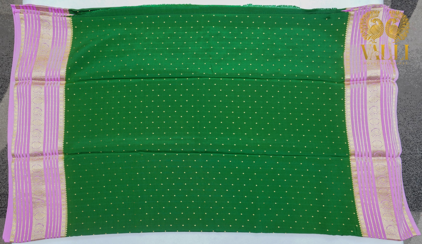 Emerald Green 120 GSM Pure Mysore Crepe Silk Saree with Baby Pink Contrast Border & Pallu