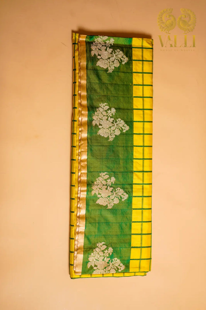 Pure Katan Banarasi Silk Saree with Kanchipuram Checks Pattern yellow 