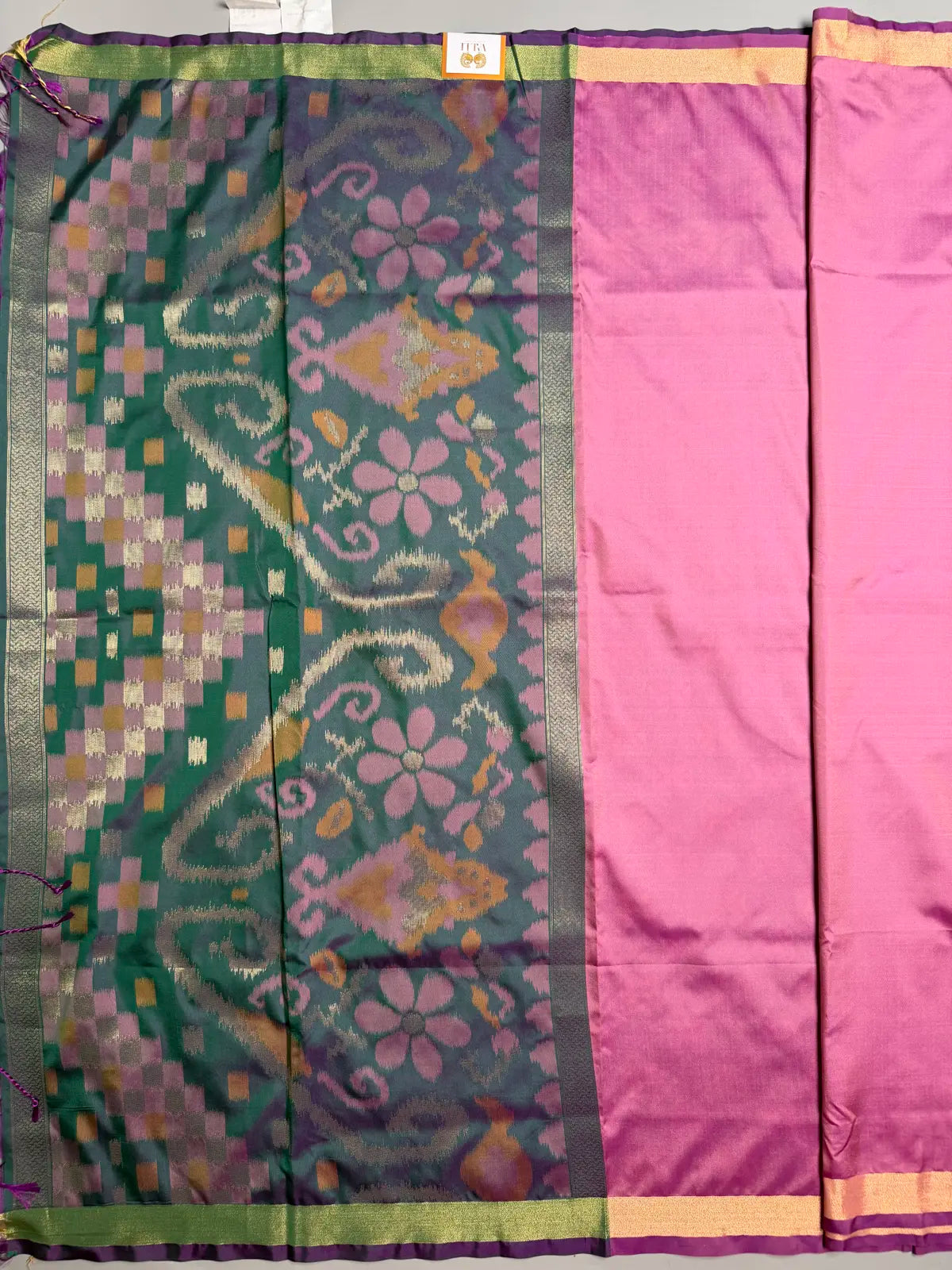Onion Pink Saree with Heavy Ikat Green Pallu & Brocade Blouse