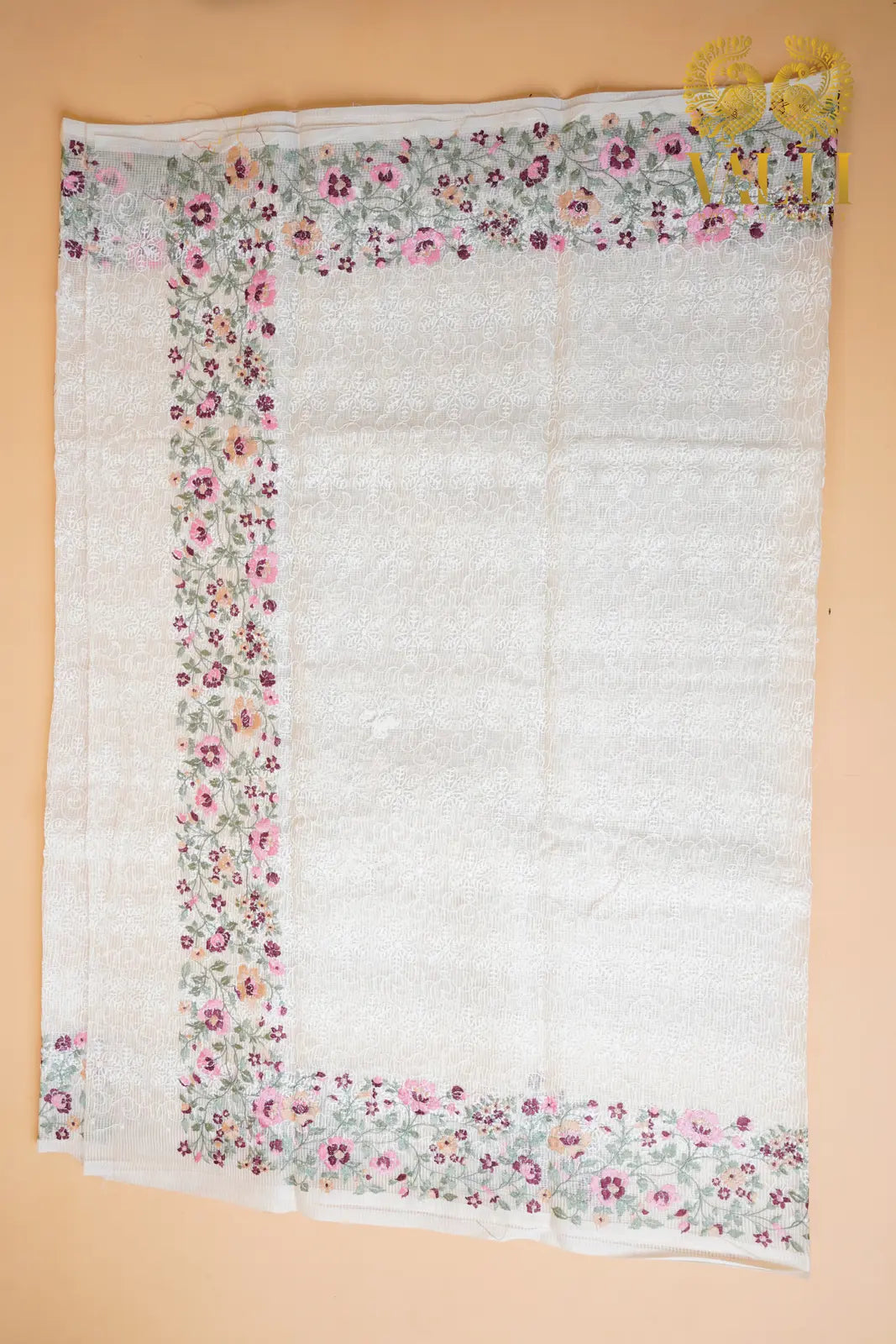 Off-White Kota Cotton Saree with Chikankari & Multicolour Floral Border Embroidery
