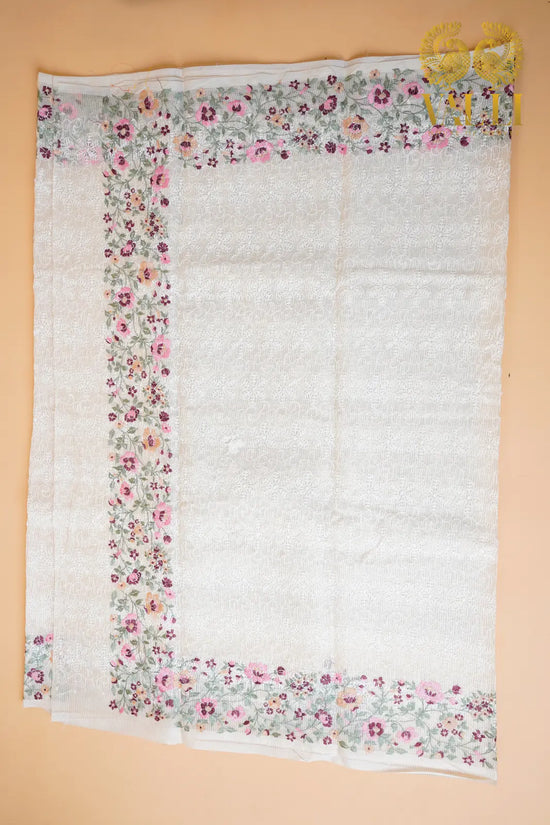 Off-White Kota Cotton Saree with Chikankari & Multicolour Floral Border Embroidery