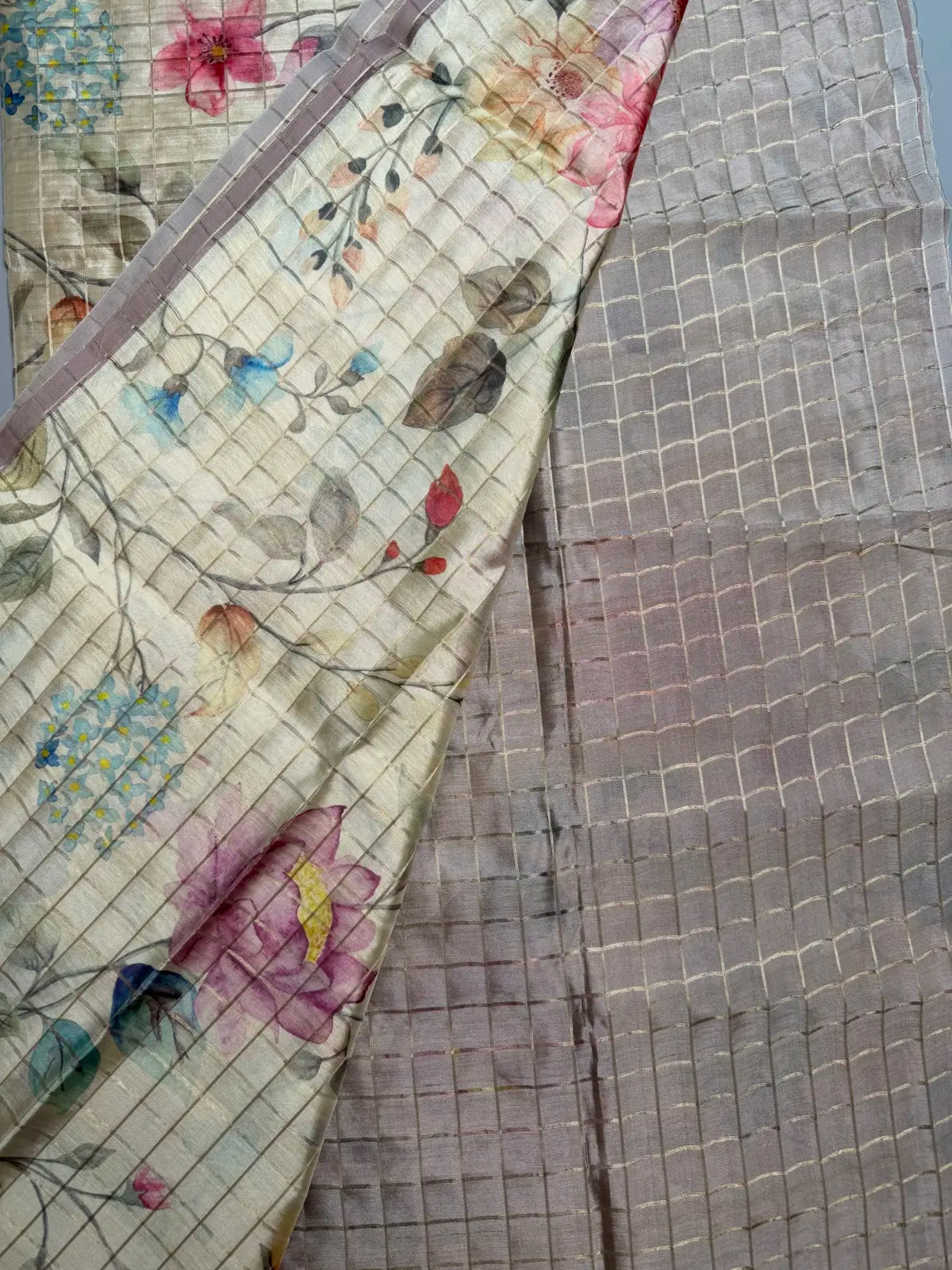 Pastel Floral Digital Print Saree with Zari Checks