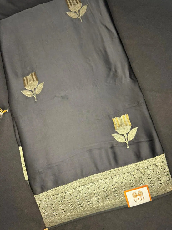 Satin Banarasi Flower Motif  – Grey