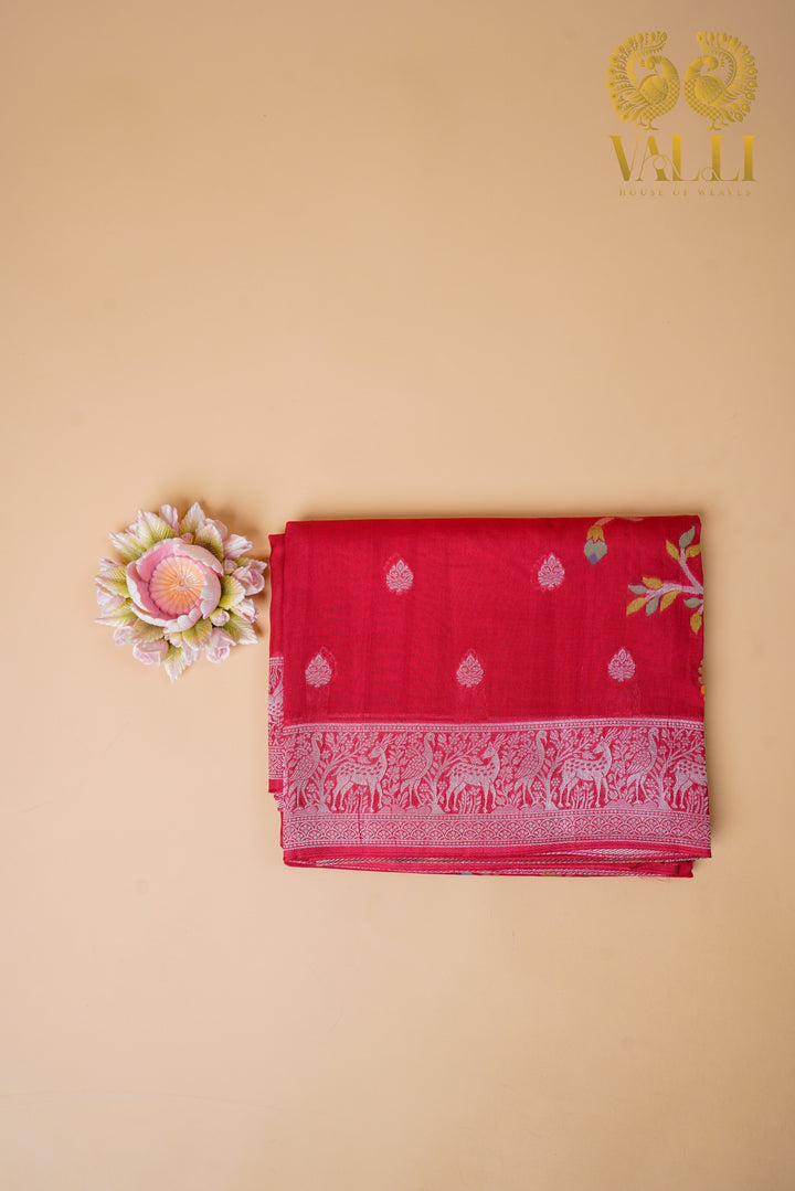 Red Banarasi Tussar Georgette Saree with Shikargah Pallu