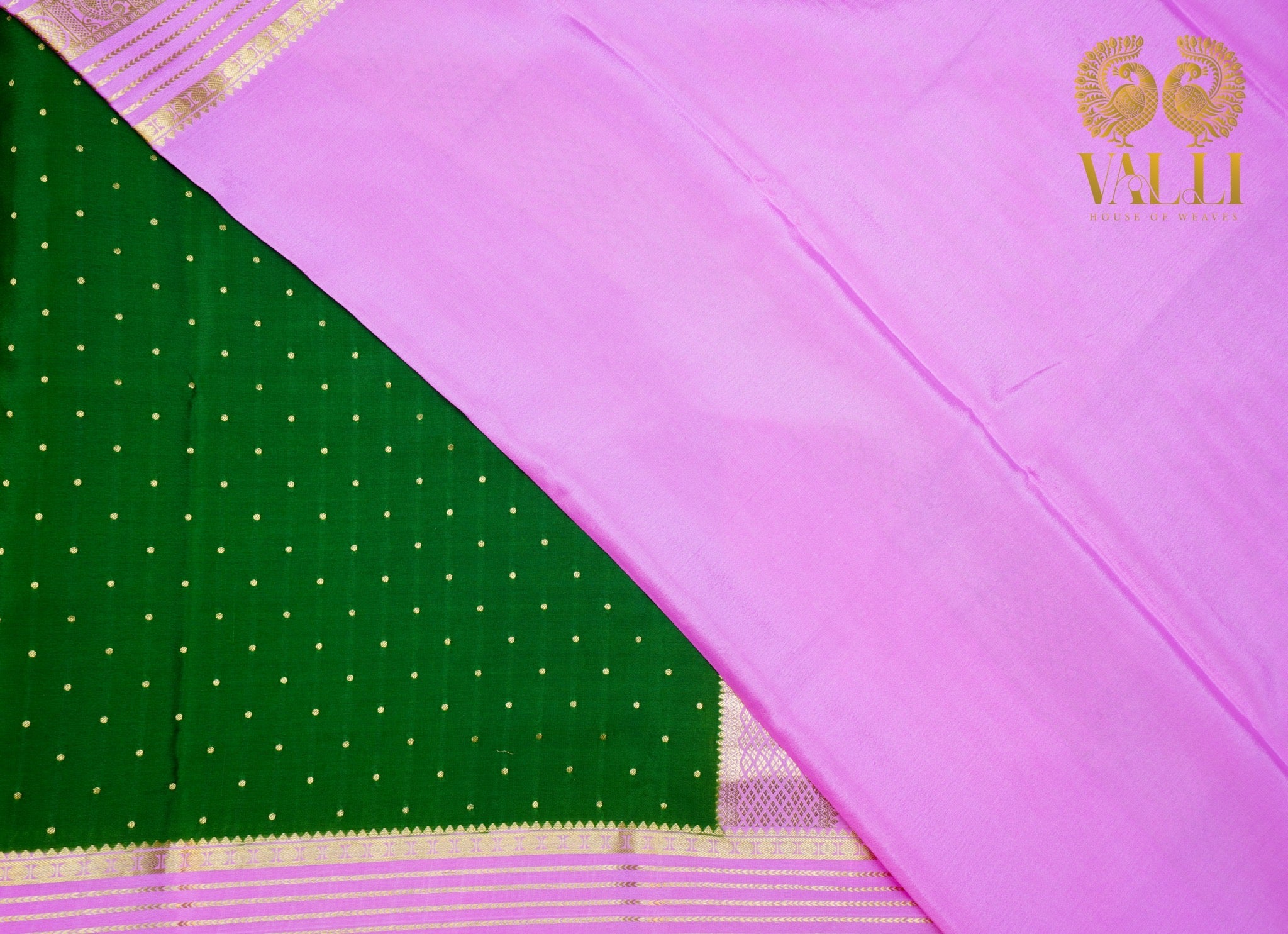 Emerald Green 120 GSM Pure Mysore Crepe Silk Saree with Baby Pink Contrast Border & Pallu