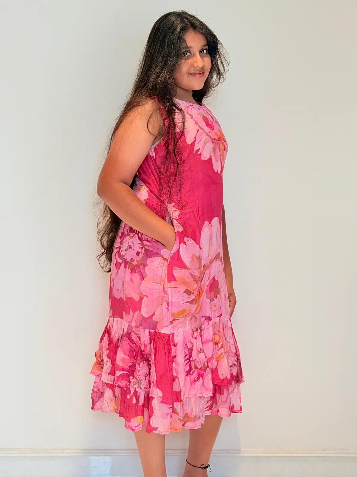 Fushia pink floral dress with pocket