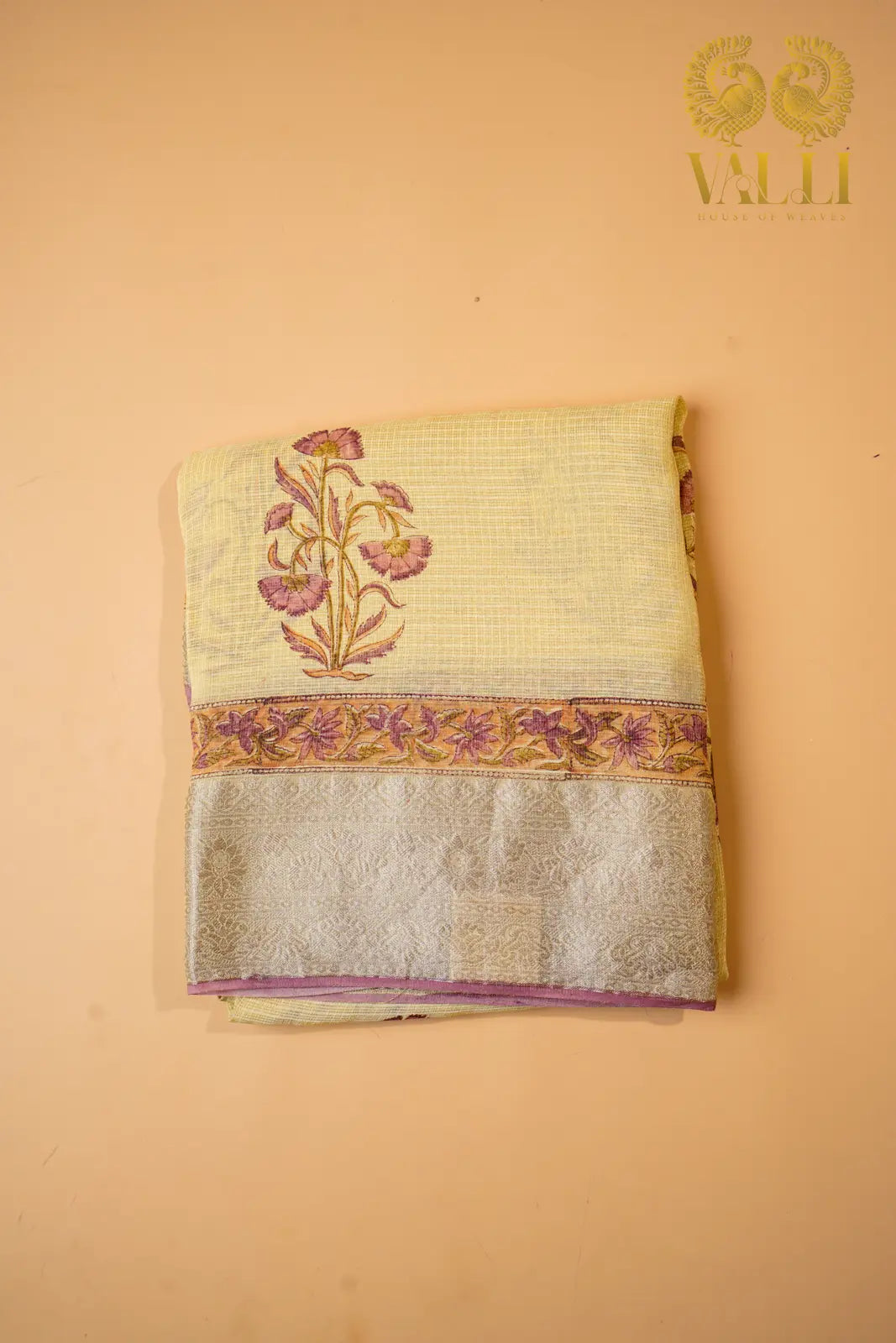 Pastel Yellow Kota Cotton Block Print Saree with Zari Border
