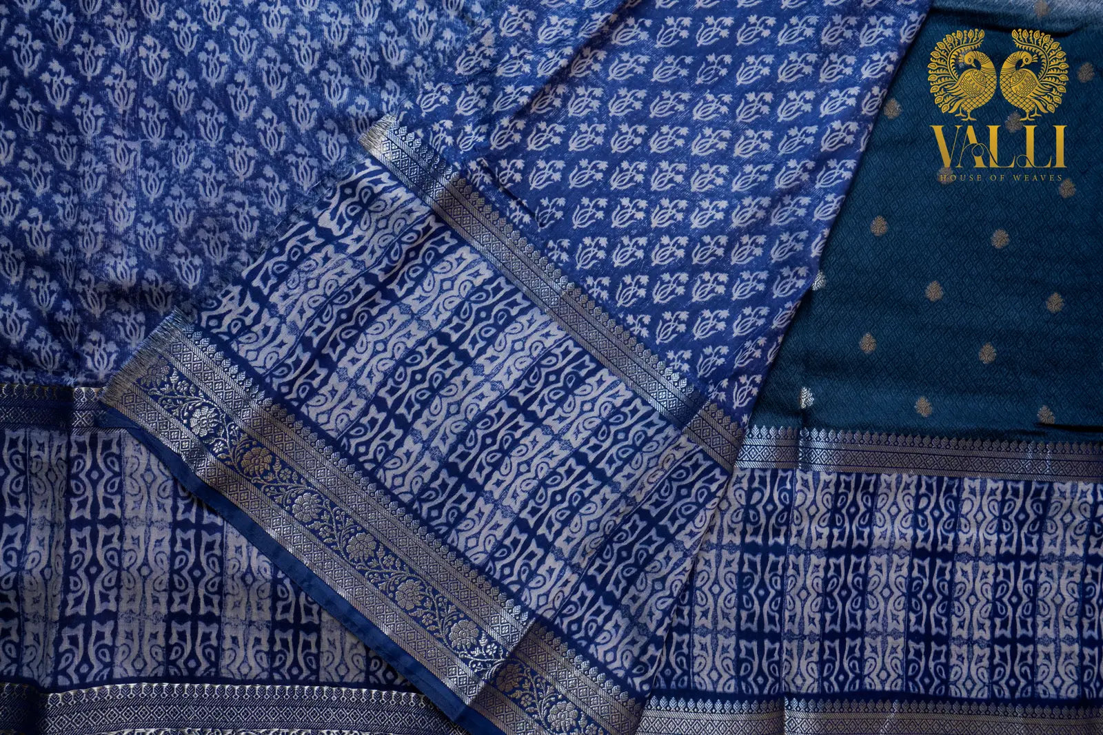 Royal Blue Handwoven cotton  Printed Saree with Silver Zari Border