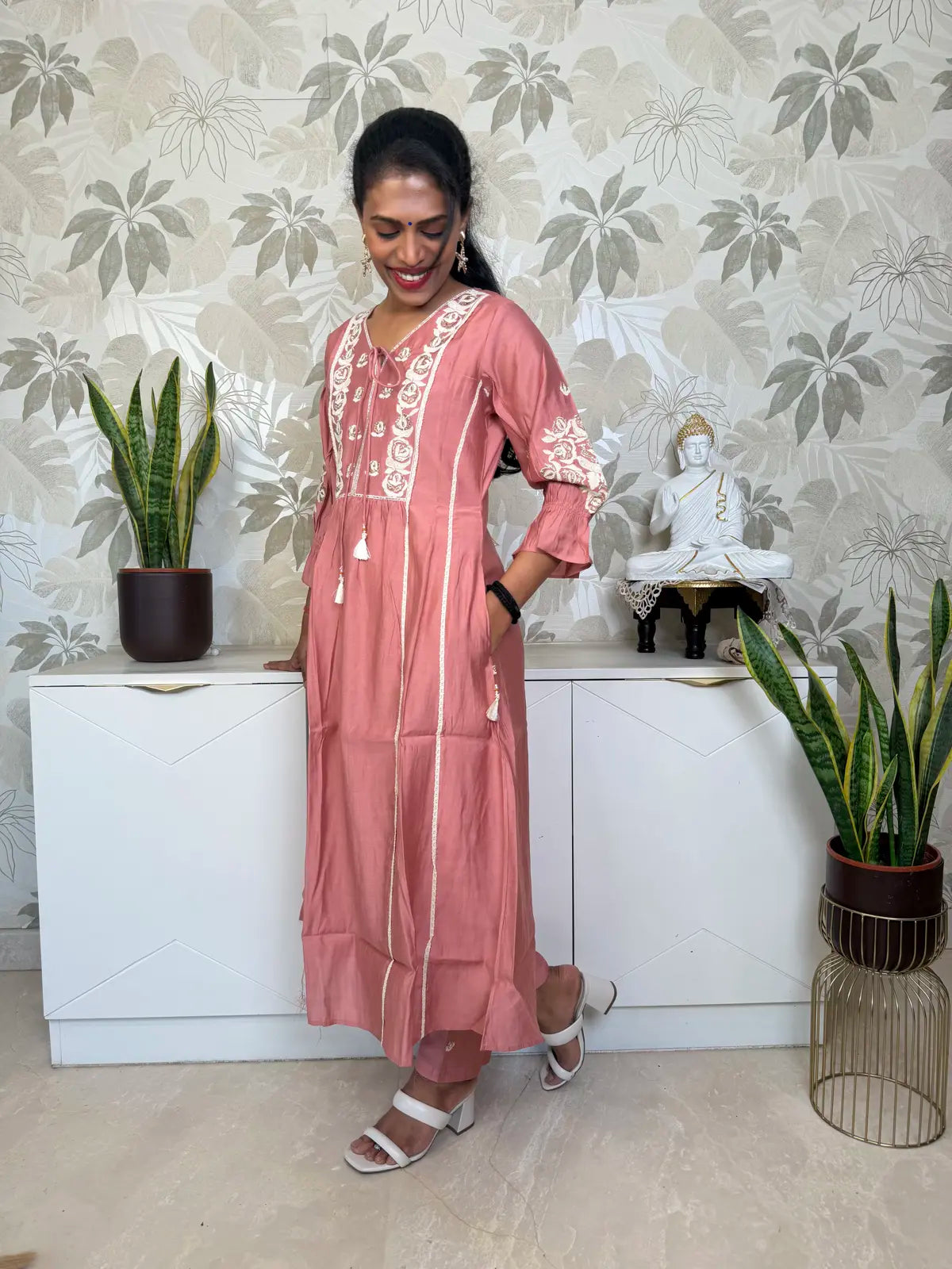 Peach Pink A-Line Salwar Set with Neck Embroidery