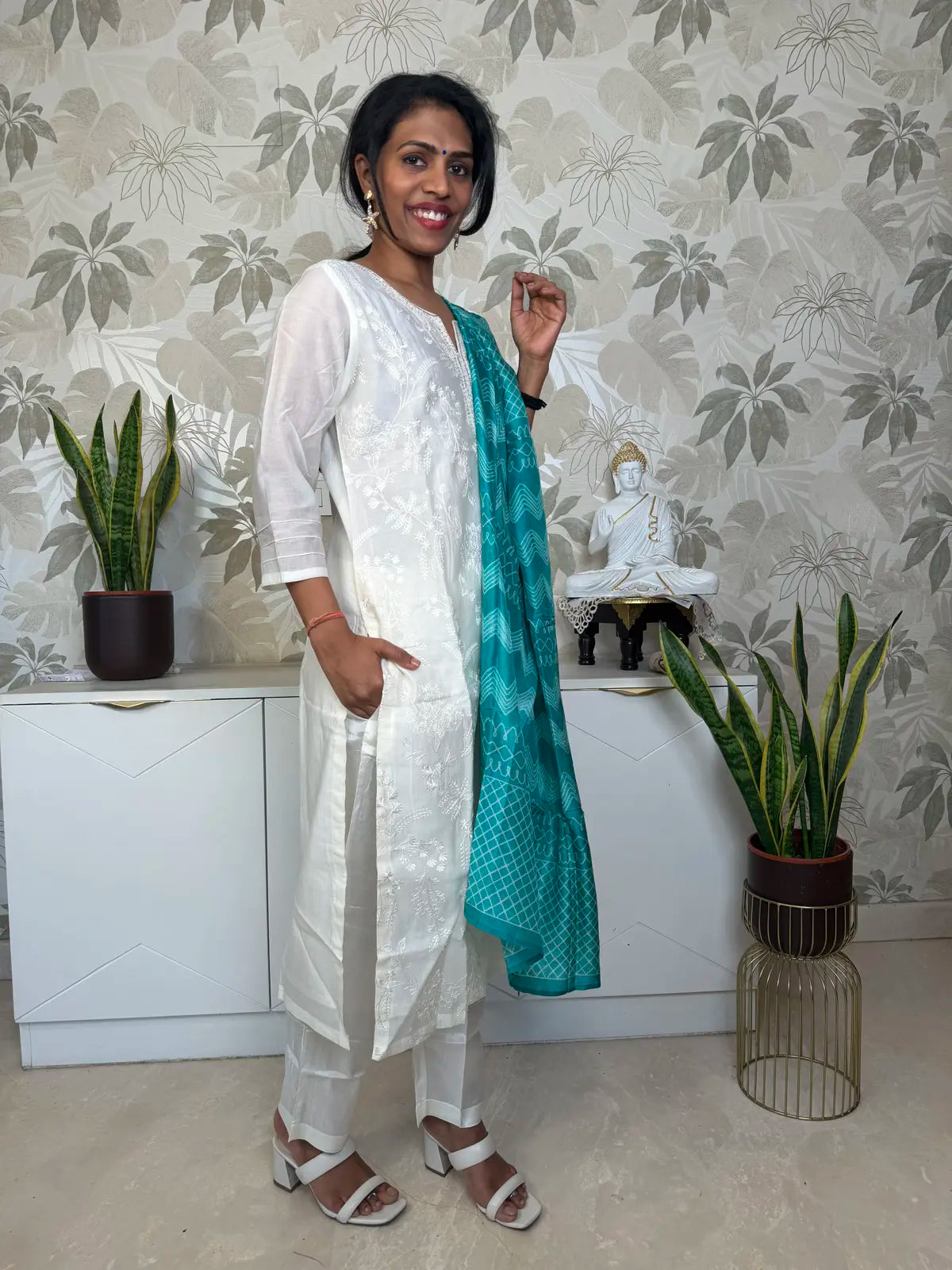 White Embroidered Salwar Set with Sky Blue Shibori Dupatta