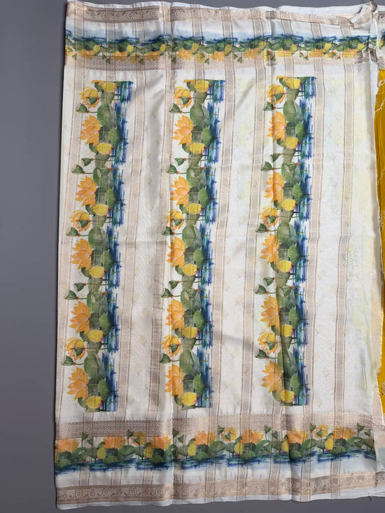 Mustard Yellow Semi Crepe Silk Saree with Lotus digital Print