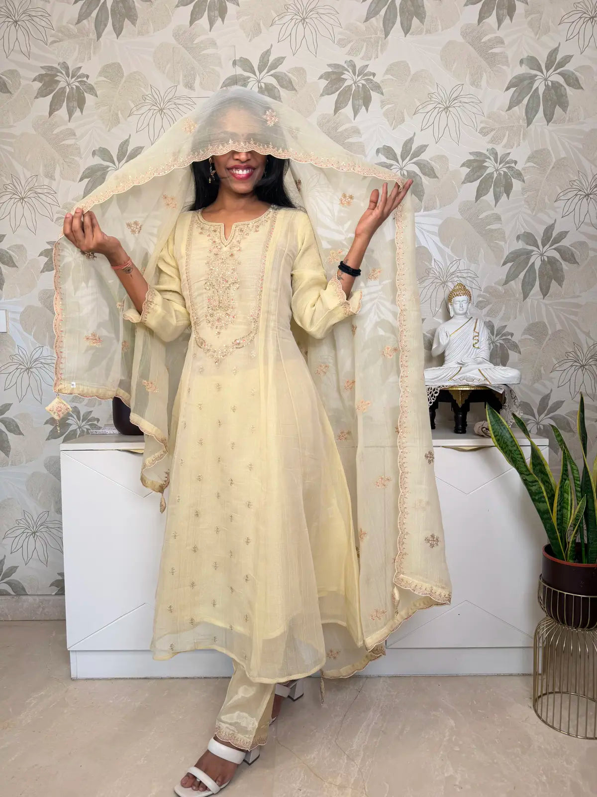 Tissue Salwar Set with Zardozi Mango Neck Work