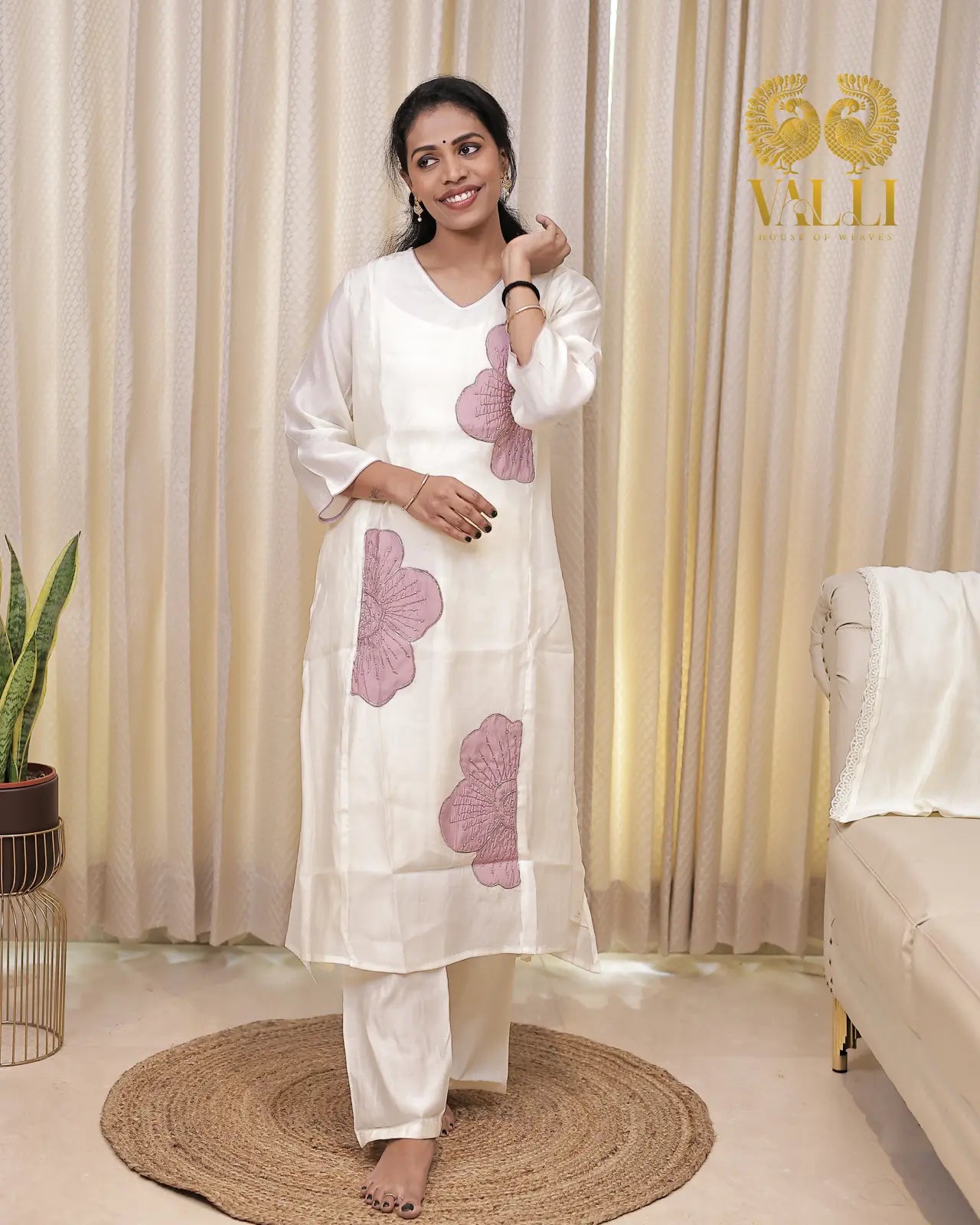 Lavender flower white mul Chanderi salwar set