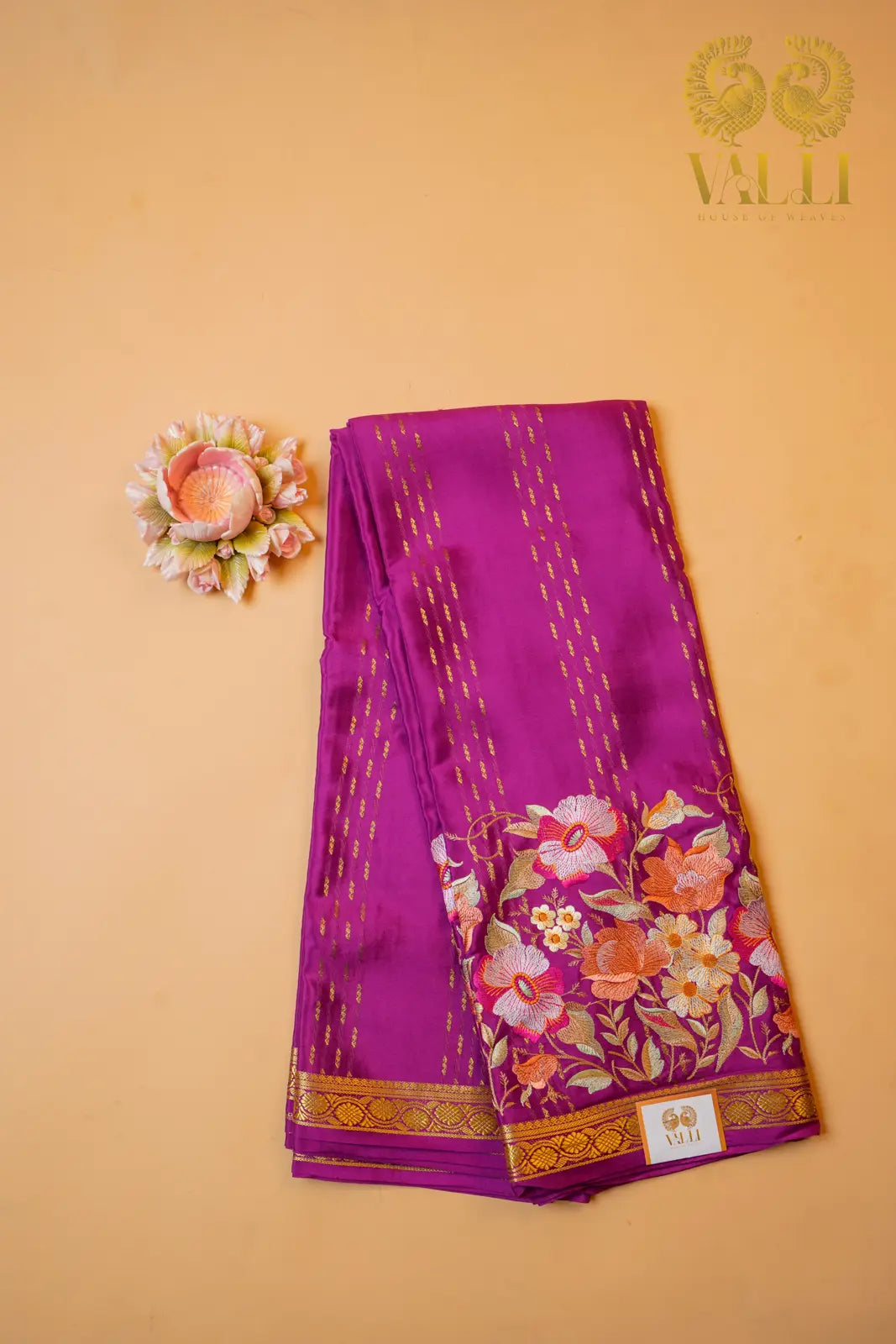 Plum Purple Mysore Crepe Silk Saree with Embroidered Border