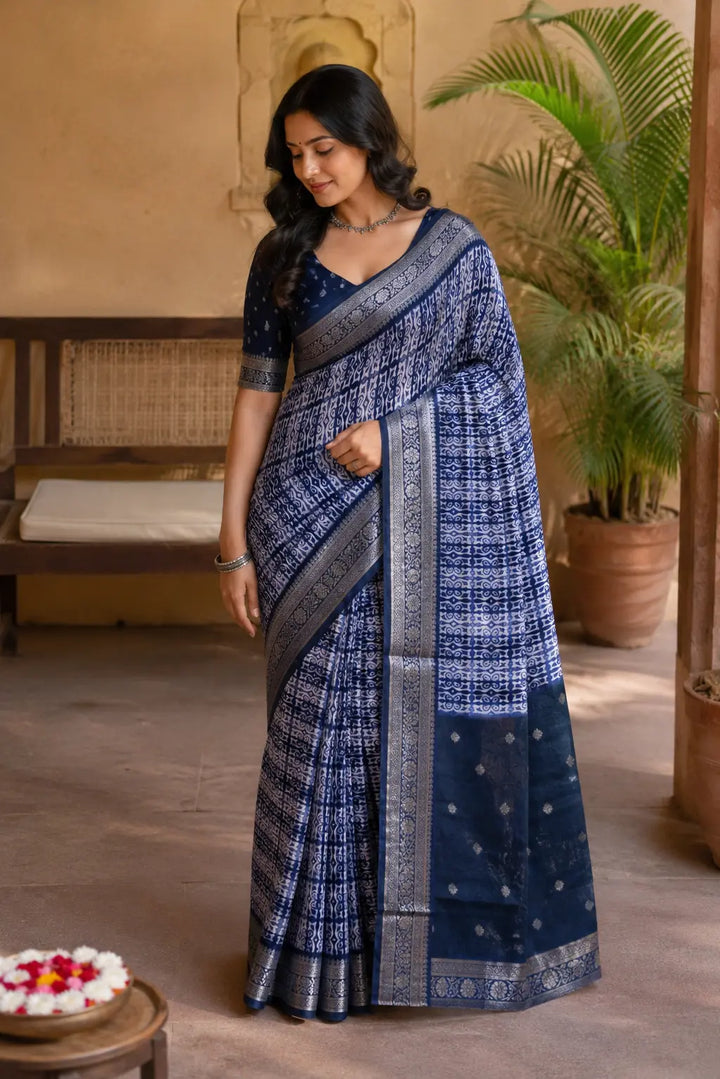 Royal Blue Handwoven cotton  Printed Saree with Silver Zari Border