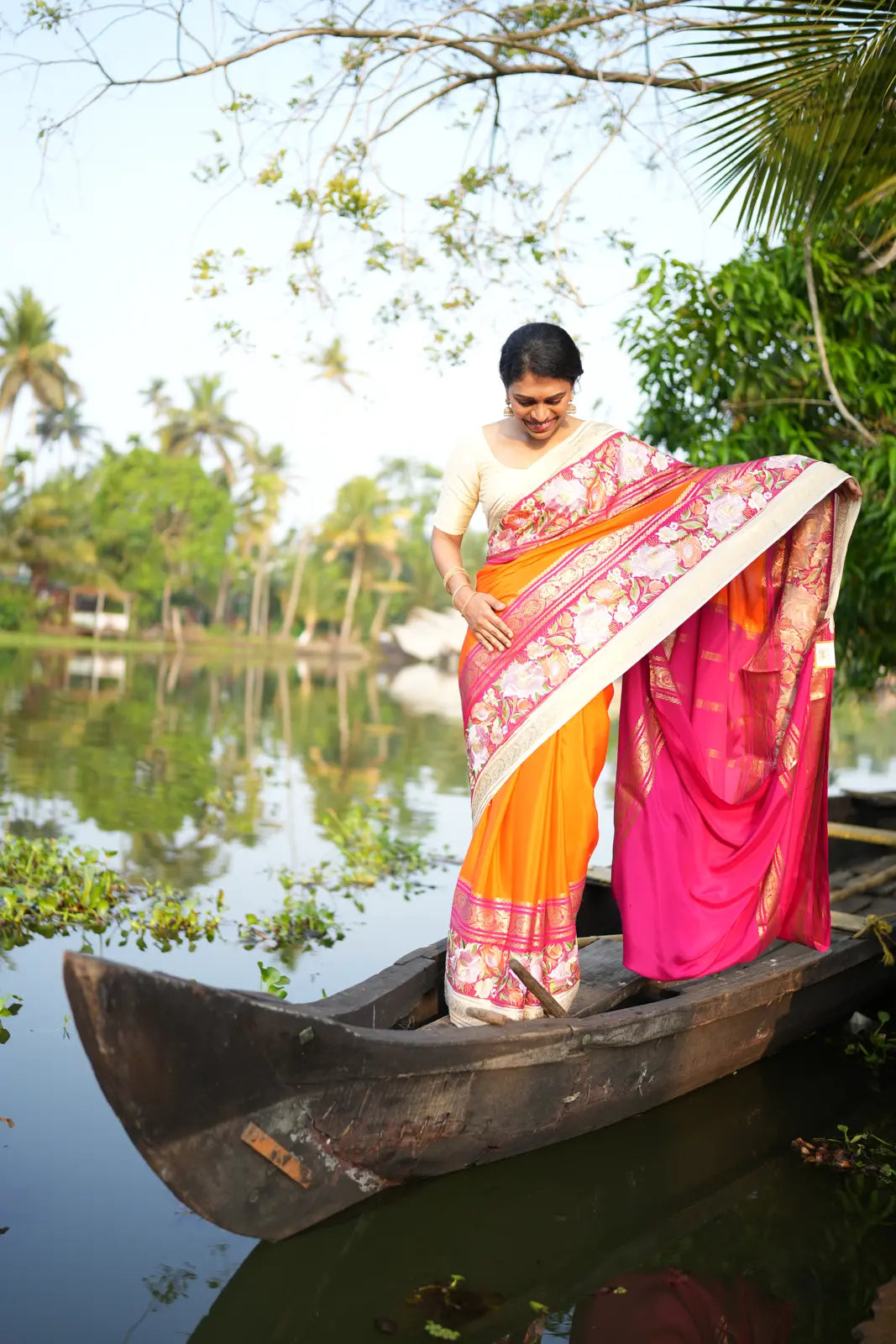 Pure Crepe Mysore Silk Saree with Embroidery & Contrast Pink Pallu