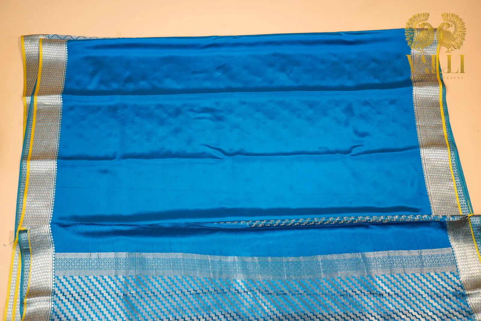 Teal  Blue Banarasi Crepe Silk Saree with Yellow Selvage
