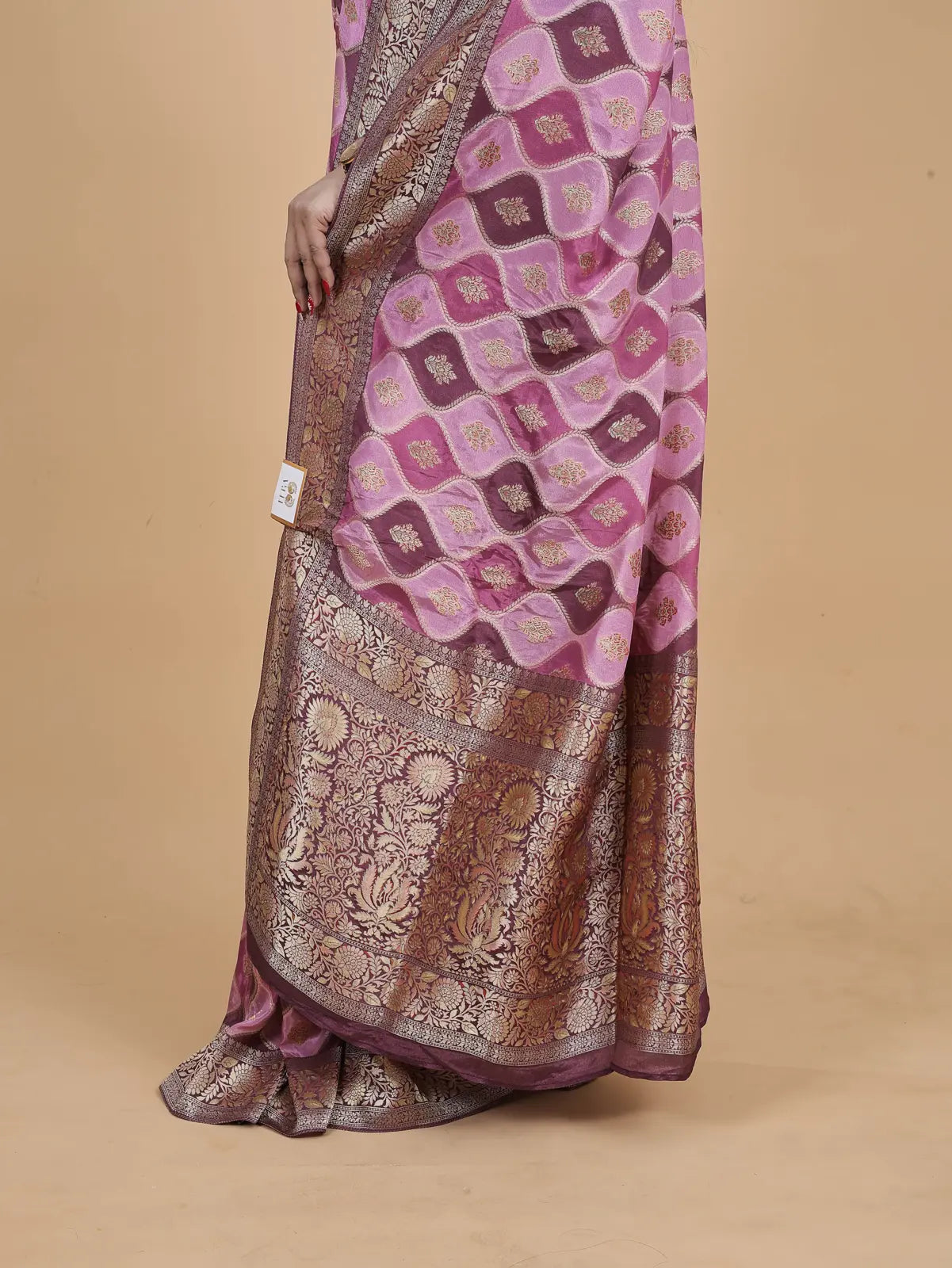 Satin Crepe Silk Saree – Ranghat Pattern (Plum & Pink)