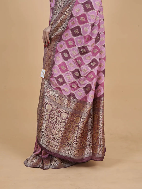 Satin Crepe Silk Saree – Ranghat Pattern (Plum & Pink)