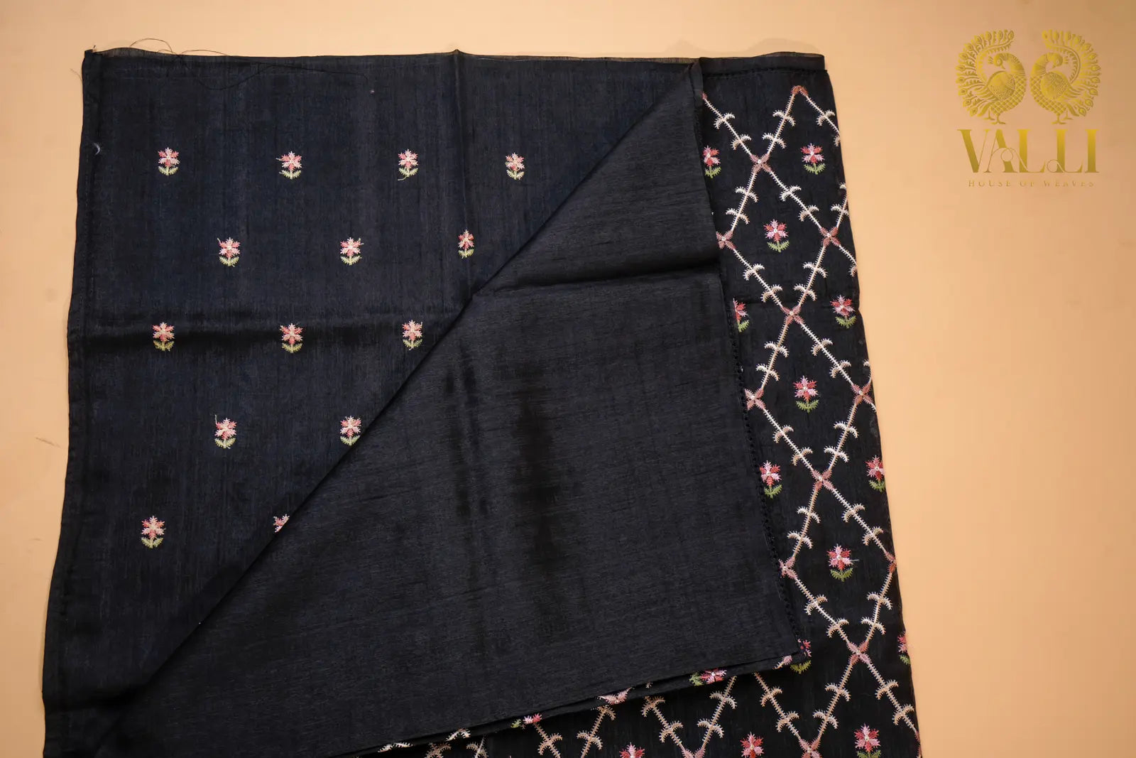 Midnight Black Embroidered matka silk  Saree