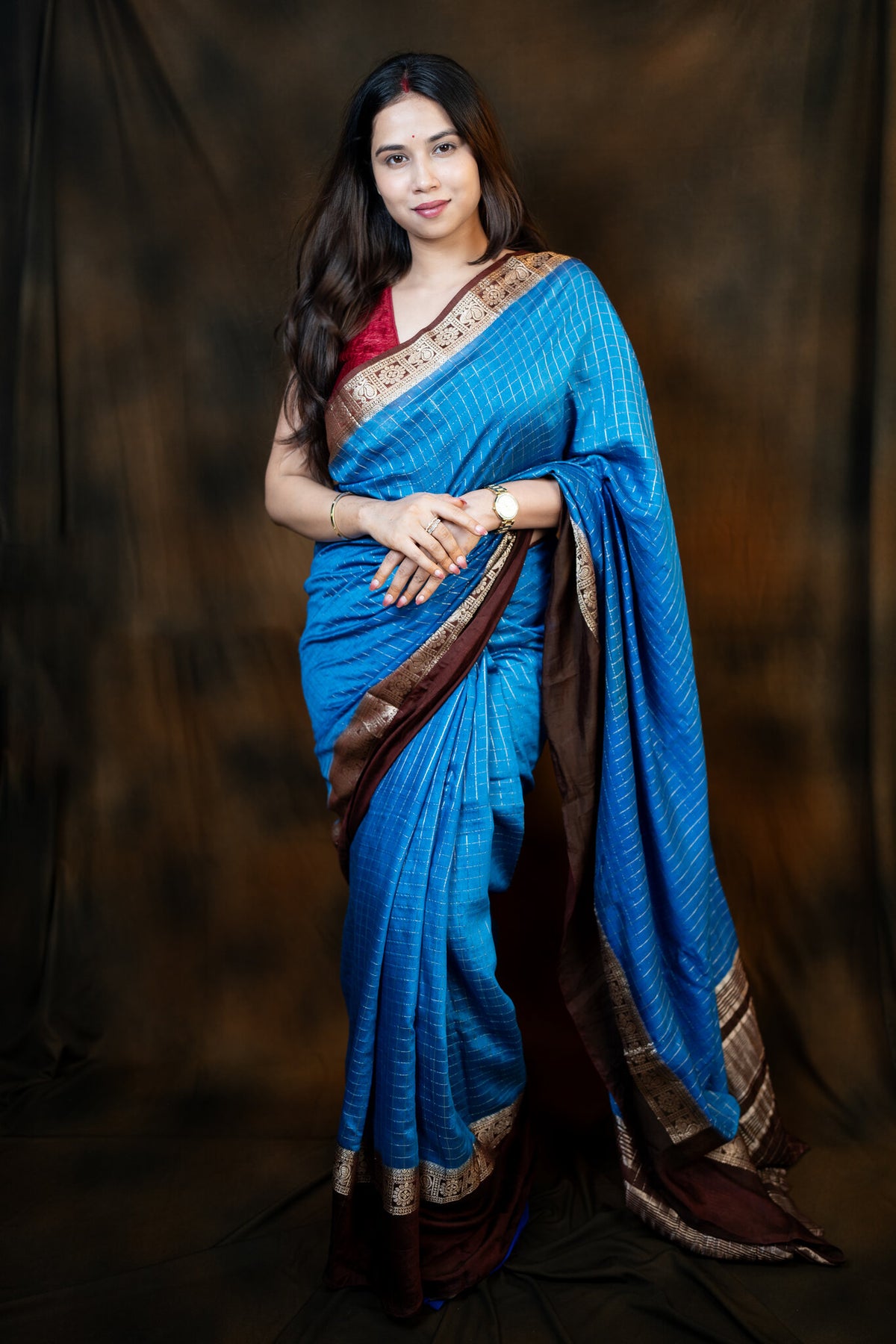 Blue and Brown Viscose Cotton Saree