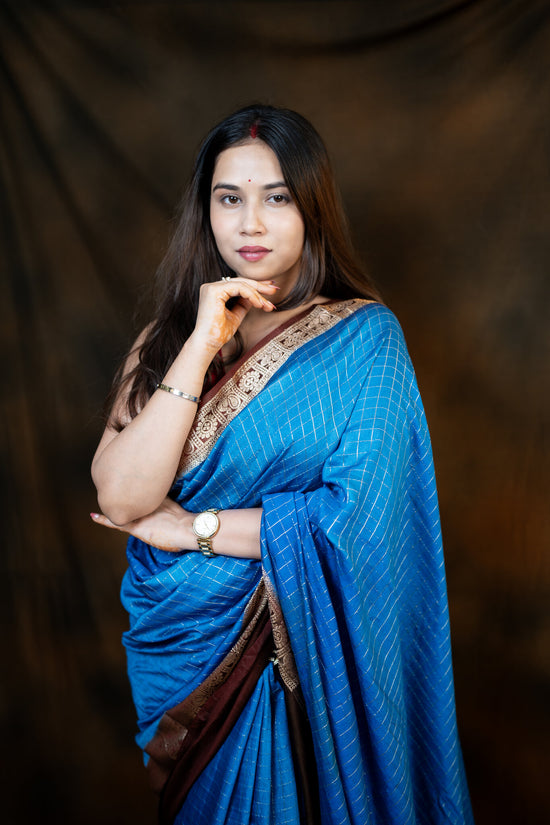 Blue and Brown Viscose Cotton Saree