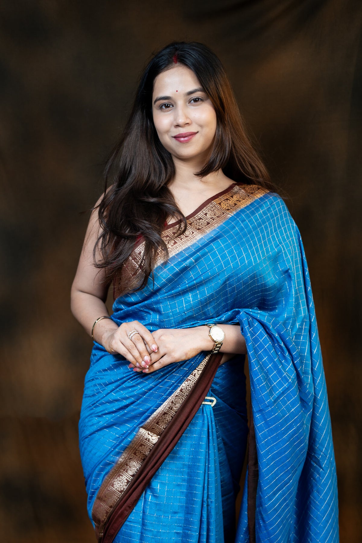 Blue and Brown Viscose Cotton Saree