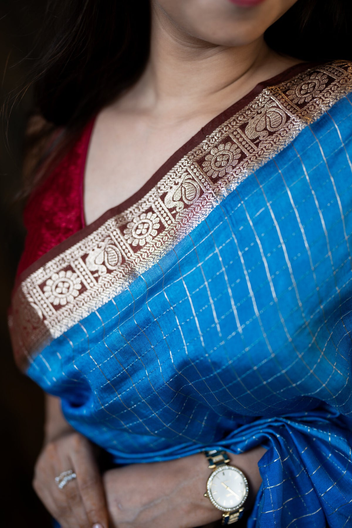 Blue and Brown Viscose Cotton Saree