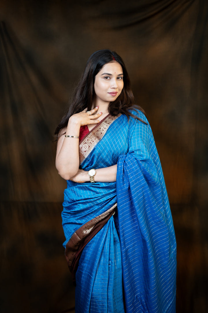 Blue and Brown Viscose Cotton Saree