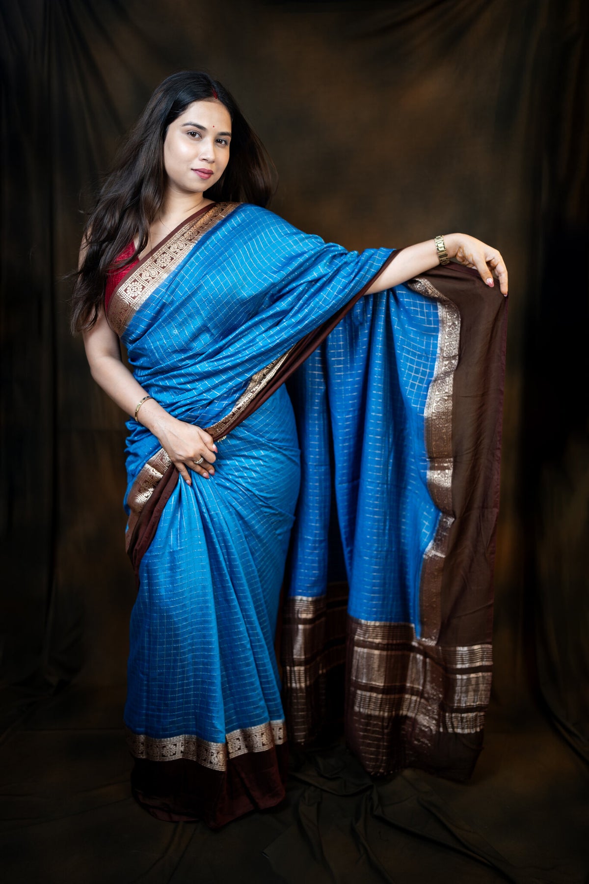 Blue and Brown Viscose Cotton Saree
