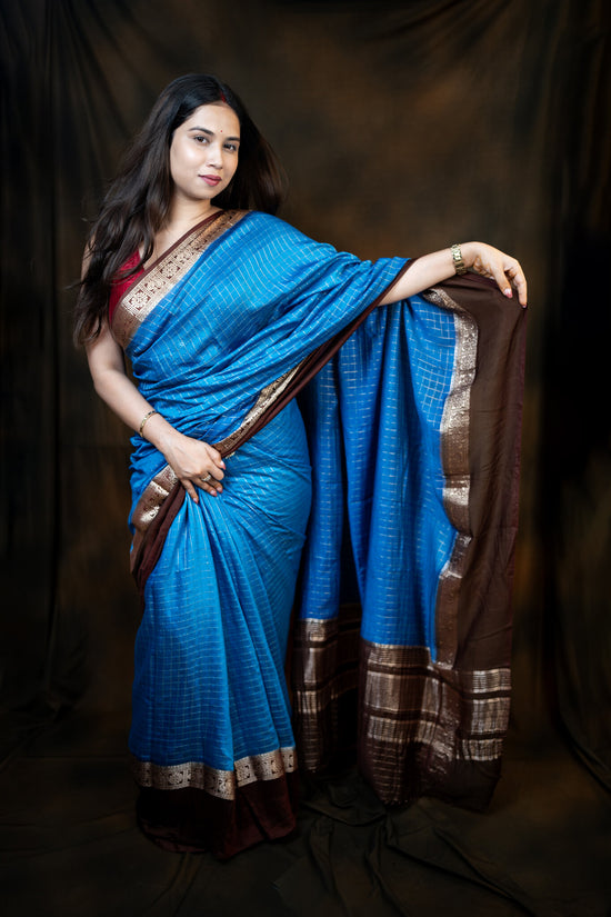Blue and Brown Viscose Cotton Saree