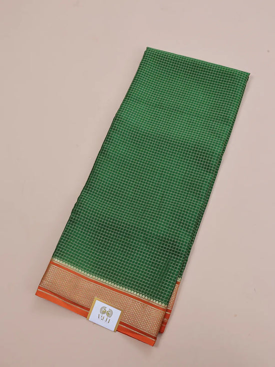 Checks Saree – Parrot Green with Orange Contrast