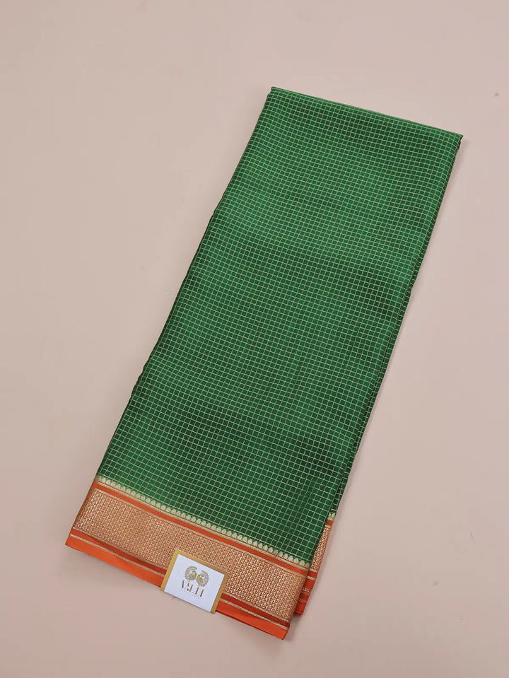Checks Saree – Parrot Green with Orange Contrast