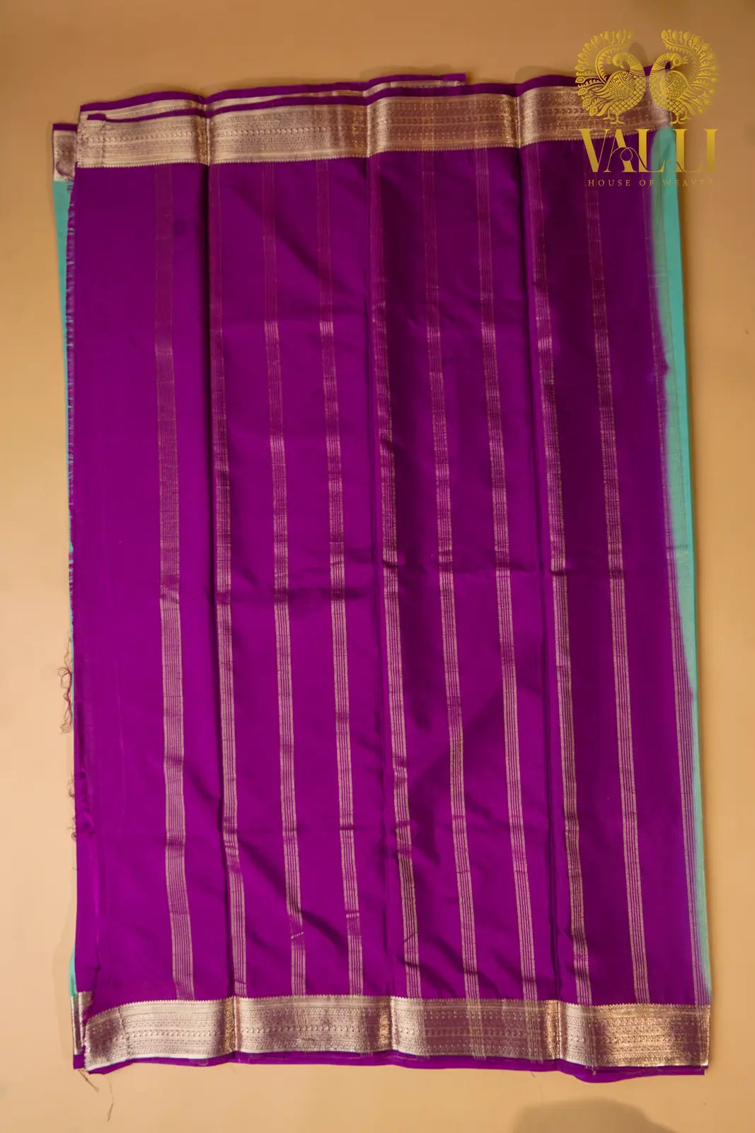 Contrast Border Semi Crepe Silk Saree with Silver Zari Border & Pallu -sea green + purple 