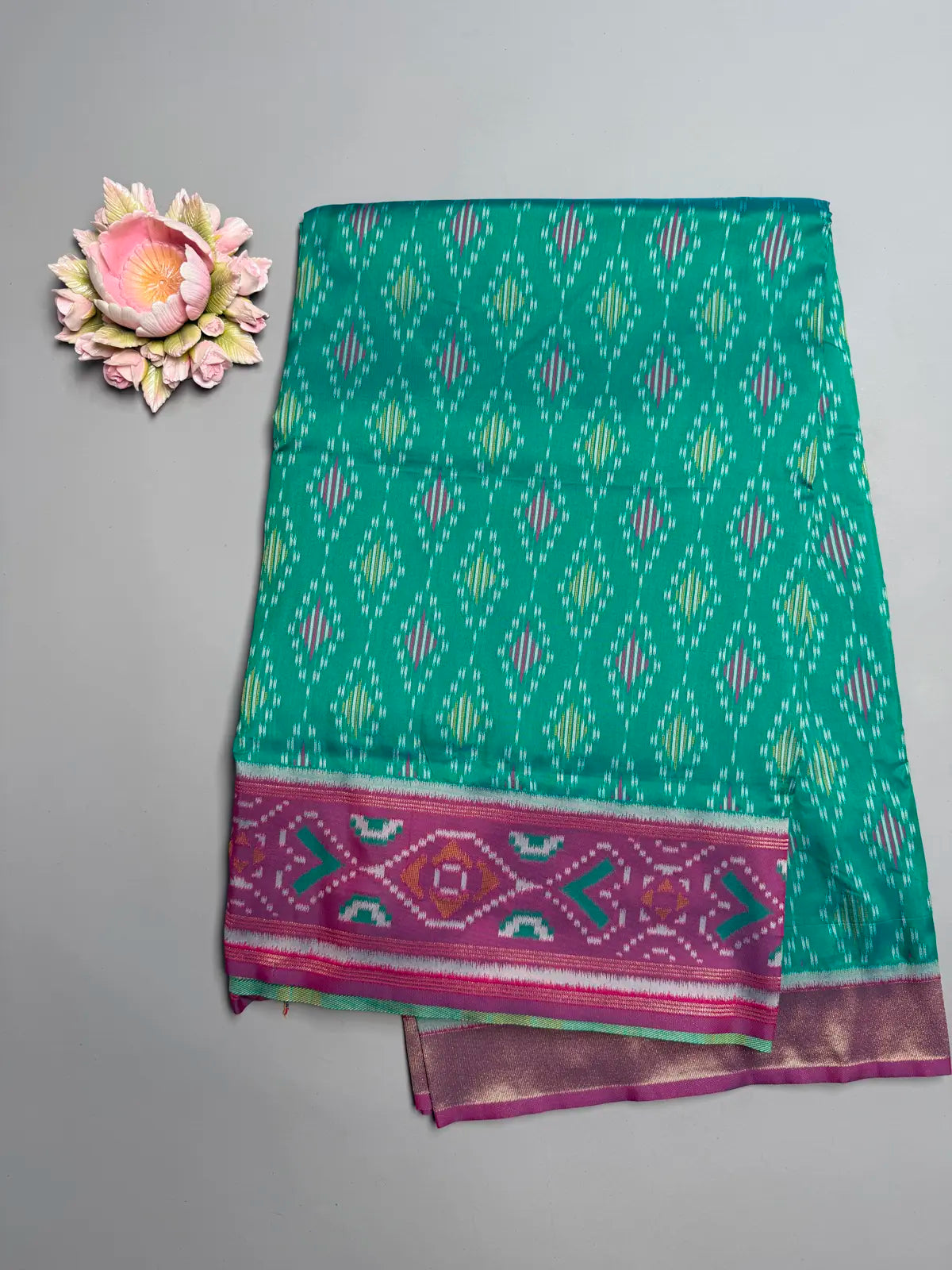 Green Pochampally Ikat Saree with Pink Contrast Border  