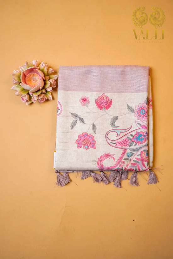   Ivory & Pastel Pink Tussar Silk Saree with Floral Digital Print & Zari Border