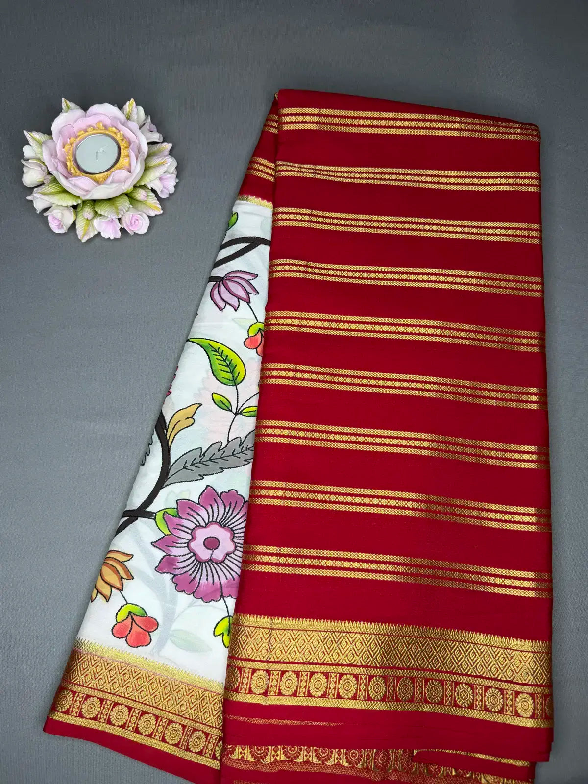 Stripes Kantha Mysore crepe silk red 