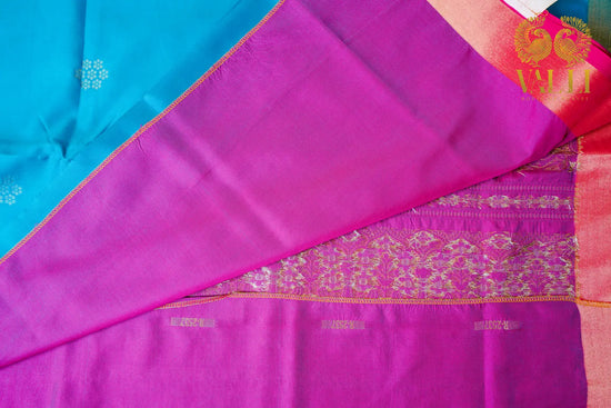 Teal Blue Soft Silk Saree with Floral Motifs & Rich Pink Pallu
