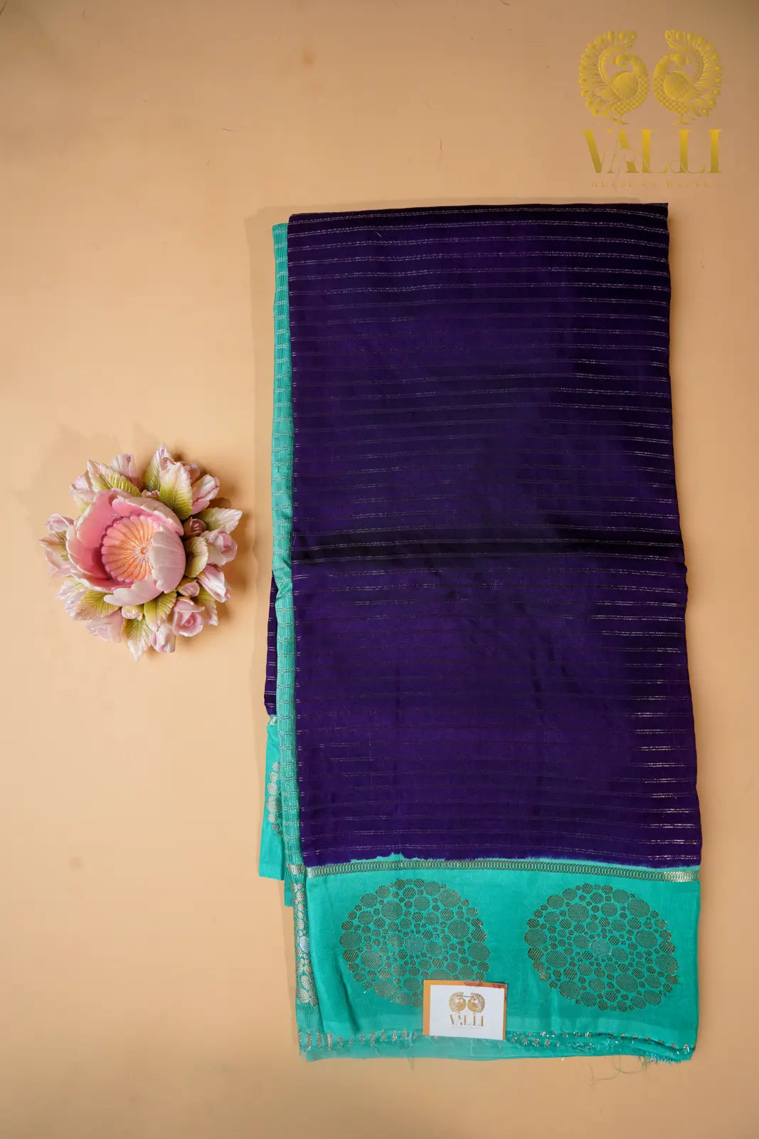 Fancy Dola Silk Saree with Gold Stripes – Royal Purple & Sea Green