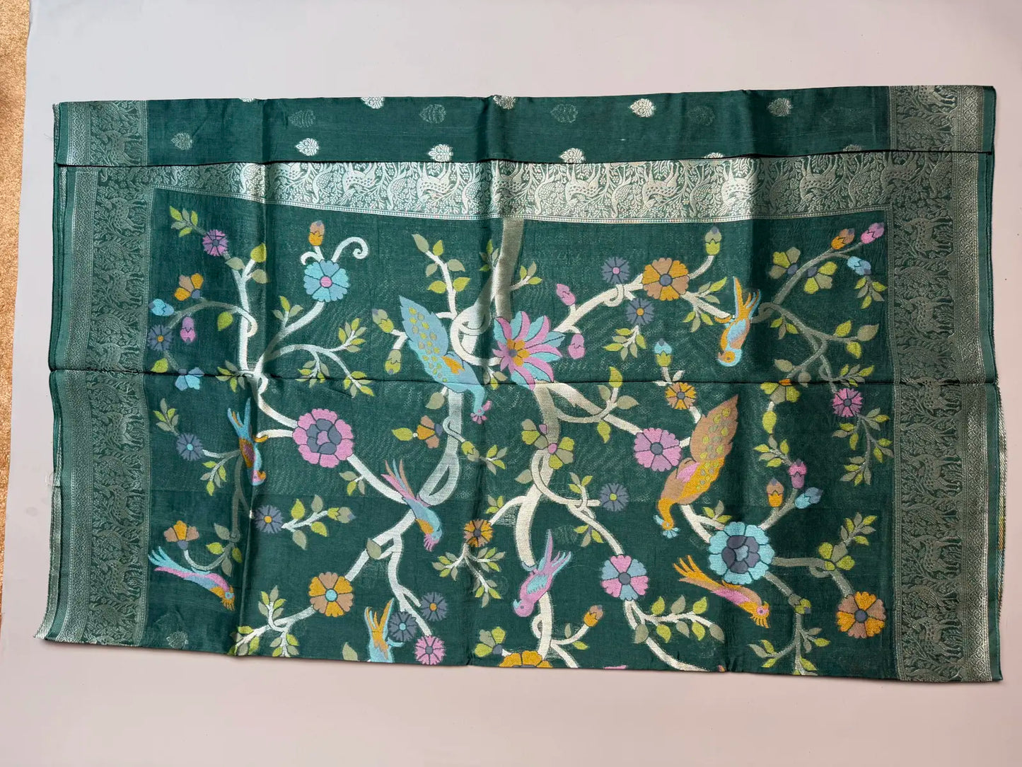 Banarasi Tussar Georgette Saree in Bottle Green with Shikargah Pallu