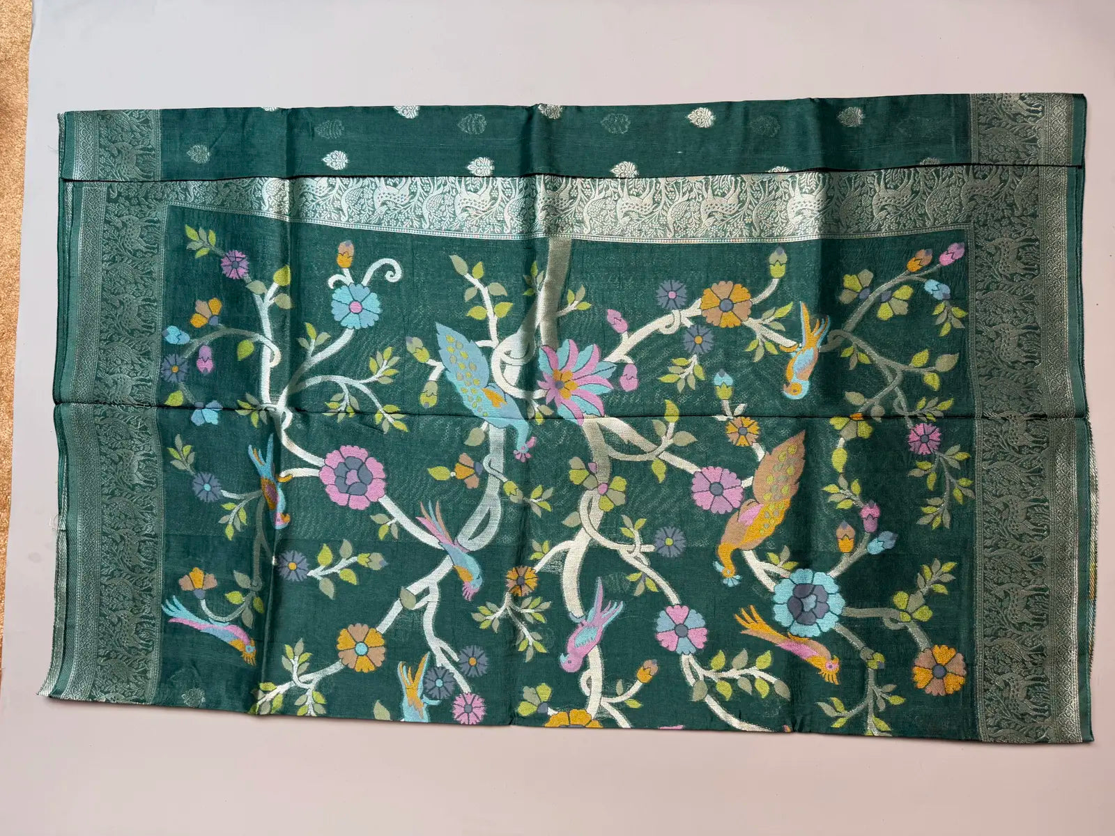 Banarasi Tussar Georgette Saree in Bottle Green with Shikargah Pallu