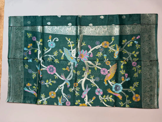 Banarasi Tussar Georgette Saree in Bottle Green with Shikargah Pallu