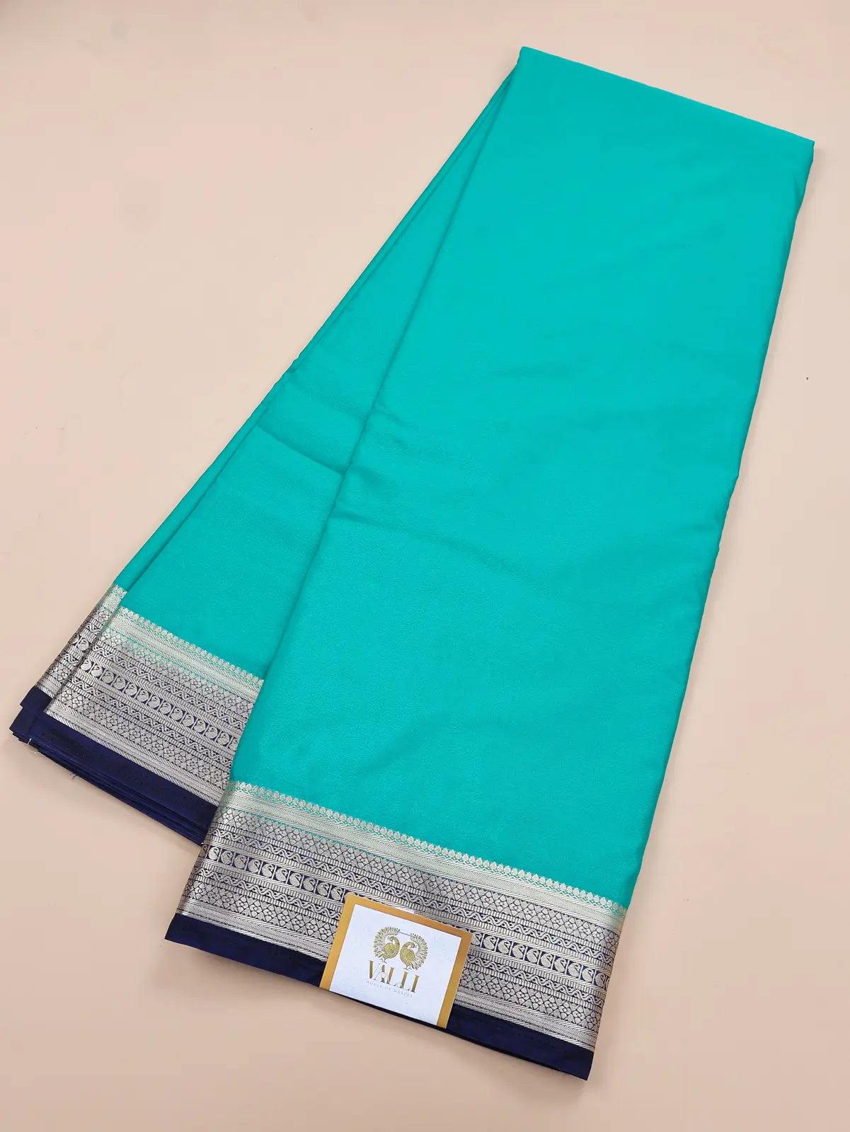 Contrast Border Semi Crepe Silk Saree with Silver Zari Border & Pallu - Green +Blue