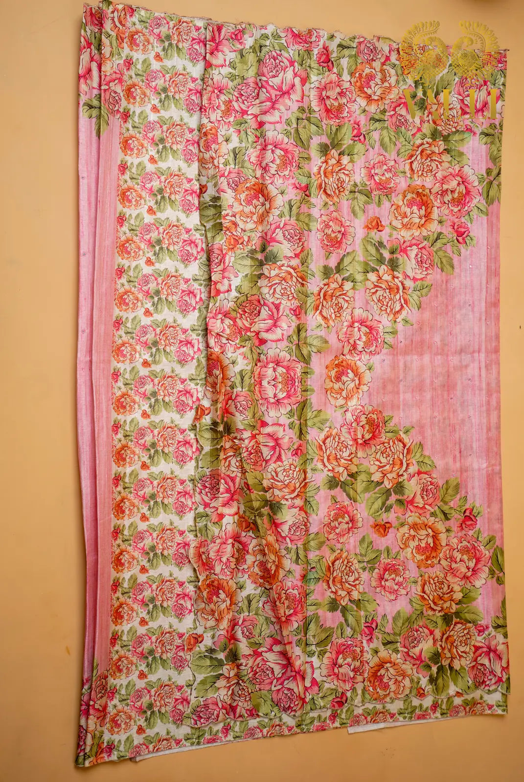 Fancy Tussar Saree with Digital Floral Print Blouse & Mirror Work