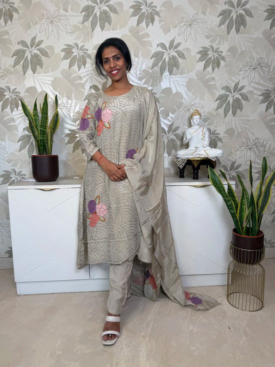 Greyish Green A-Line Salwar Set with Floral Patch Embroidery