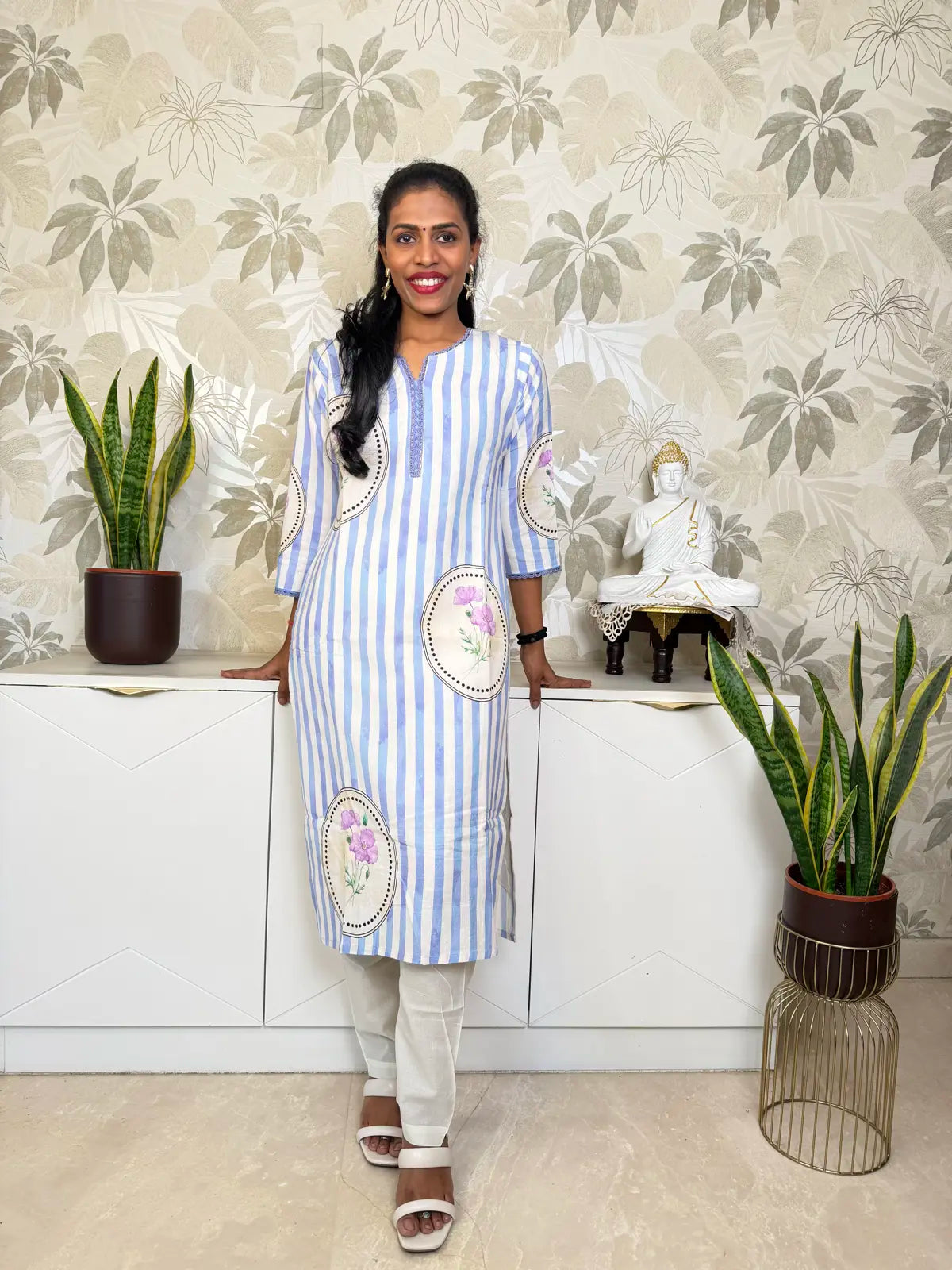 Off-White Cotton Salwar Set with Lavender Stripes and Floral Patch Motifs